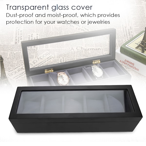 5 rum Stoving Lak Ur Display Case Opbevaringsboks Organizer Smykkeskrin (Sort)