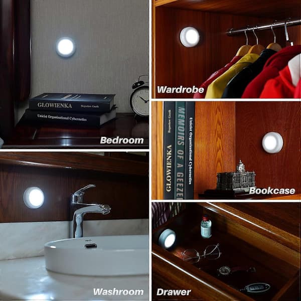 【03】6 stk. Tryklamp Mini Touch Press Spotlights Indendørs Bærbare LED Stick-on Puck Lamper Batteridrevet til Under Skab White