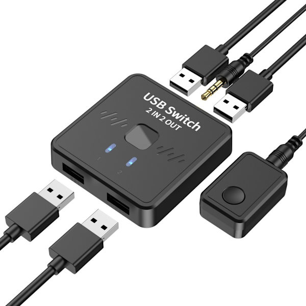 USB-switch 2 ind 2 ud, USB-switch, printerfordeler til 2 computere, 2-ports USB-vælger med 2 USB-kabler og ekstern controller