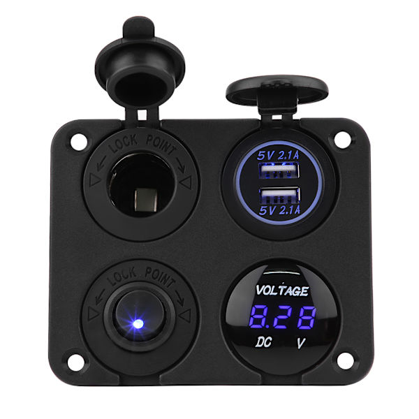 4-Gangs ON/OFF Vippekontaktpanel Dobbelt USB-oplader Cigarettænderstik Voltmeter Blå LED