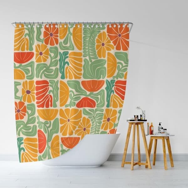 【03】Lollanda Boho Duschdraperi, 180x180 cm, Abstrakt Blommig, Vattentätt Polyester Duschdraperi med 12 Krokar, Modern Digitaltrycksdesign B