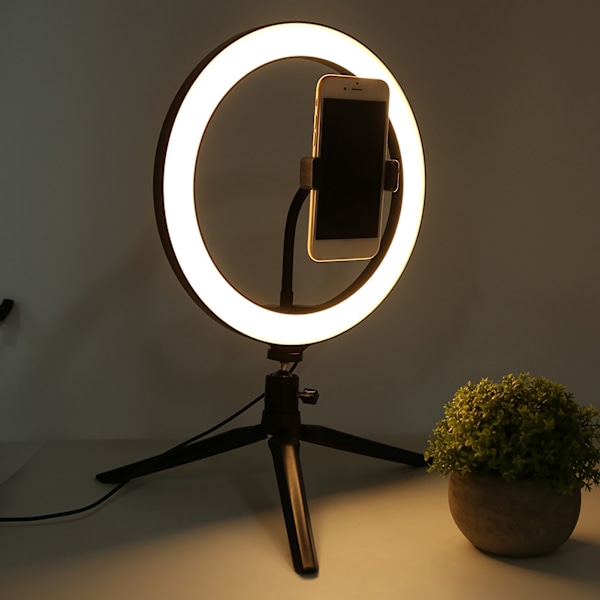 26 cm/10 tommer Ring Light LED Live Lampe Fyldlys Dæmpbar USB-port 2800K‑7000K med Bordstativ Telefonclipsæt