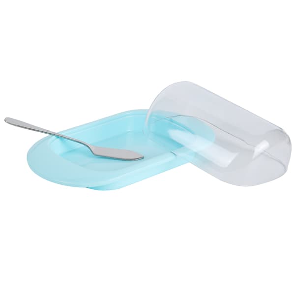Rund Kant Plast Smörförvaringslåda Ost Dessert Bröd Serveringsbehållare med Transparent Lock KnivBlå