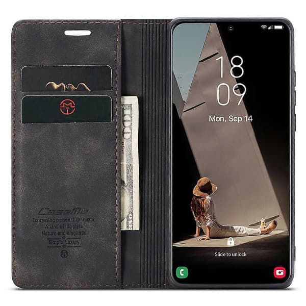 【03】CASEME 013 Series Samsung Galaxy S21 FE Wallet Case Stand Automatic Suction PU Leather Case Black Black Black