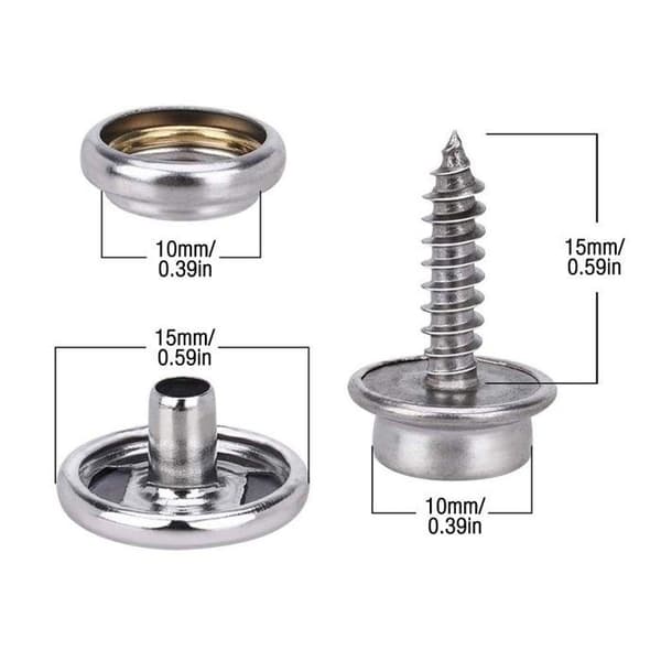 【03】Trykknapper, 150 stk. Rustfri Skrue Trykknapper 15mm Metal Trykknap Sæt med 2 eller