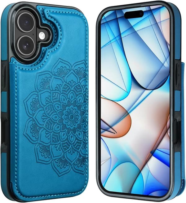 【03】for iPhone 17 Pro Max Case with Card Holder, Flower Magnetic Buttons Protective Wallet Case for Women for iPhone 17 Pro Max, Blue blu blue iPhone 17 Pro Max
