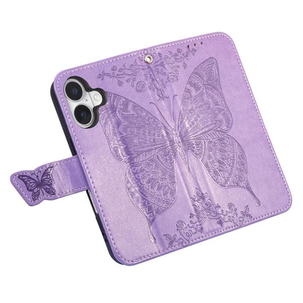 【03】iPhone 17 Kotelo nahkakotelo kohokuvioidulla perhoskukalla Lavendel