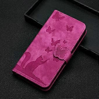 【03】Compatible with Samsung Galaxy S21 FE 5G Embossed Butterfly Cat Wallet Case with Card Slots Kickstand Case Pink