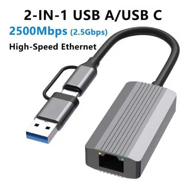 2-i-1 USB-C/USB-A 2,5 Gbps Ethernet-adapter, højhastigheds RJ45 kablet netværkskort