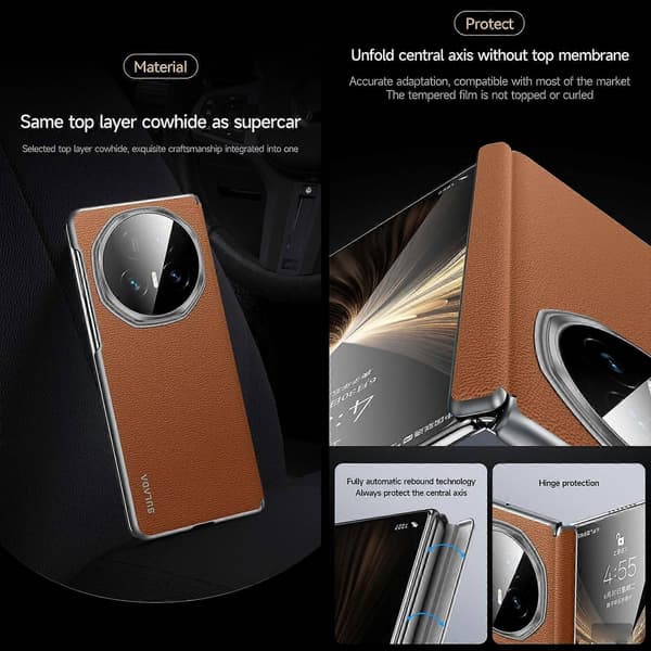 【03】SULADA Frameless Top Layer Cowhide Leather PC Phone Case Compatible with Honor Magic V5-Perfect Blue