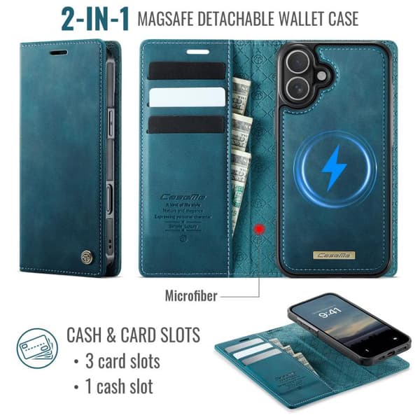 【03】iPhone 17 -nahkakotelo MagSafella ja ID-estolla, irrotettava lompakko Grön