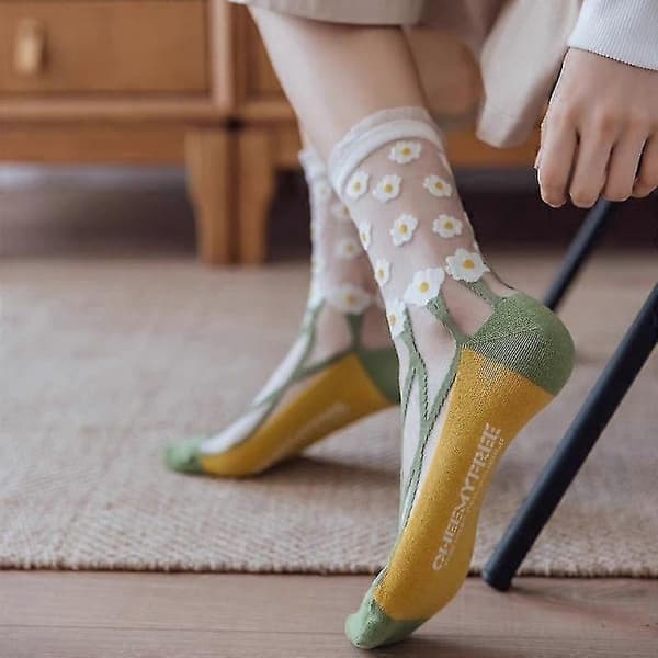 5 par damstrumpor, transparenta tunna nätspetsar elastiska jacquardkristallglasstrumpor