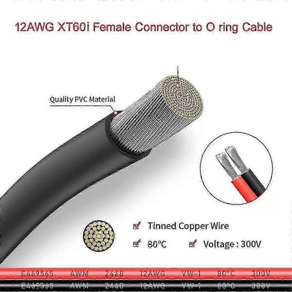 12AWG XT60i hun til O-ring-stik med fortinnet ledning, til RC-batteri, solcelle, bærbar strøm S