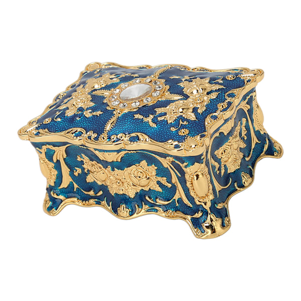 Royalblå Smykkeskrin Rhinestone Ring Retro Blomst Graverede Øreringe Halskæde Opbevaringsboks