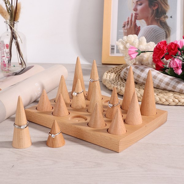Træ 15 Fingre Display Ring Holder Showcase Stand Smykker Ringe Organizer
