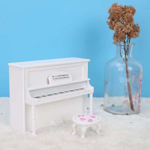 1:12 Dockhus Tillbehör Mini Upprätt Piano Modell Leksak med Pall Simuleringsmöbler Vit