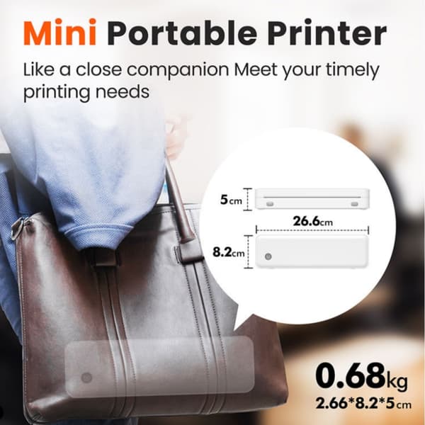A4 Mini Bärbar Termisk Skrivare - Bluetooth & USB-C, Bläckfri Utskrift, Kompatibel med Smartphones och Datorer, D82, vit