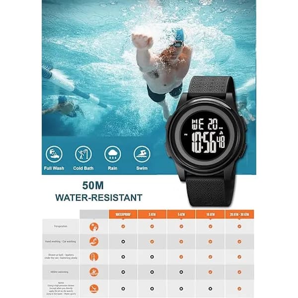 Ultratunn, minimalistisk, vattentät digital herrklocka med gummiband, svart.