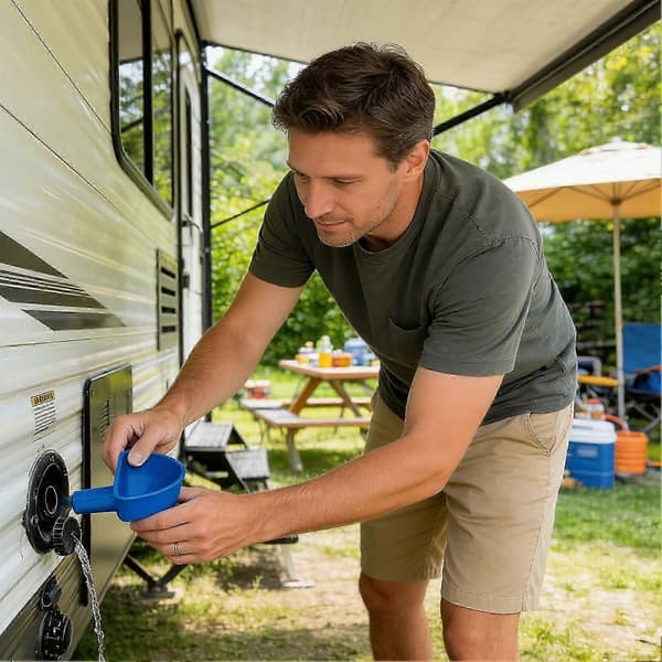 3D-printet spildfri påfyldningstragt til campingvogn, varevogn, autocamper, rejser, camping, roadtrips Blue