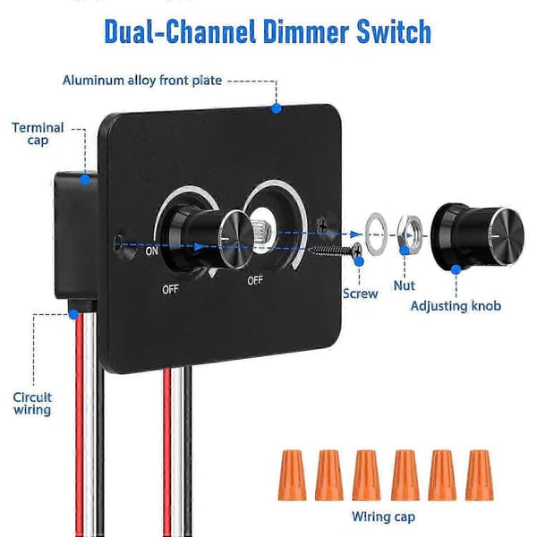 12V lysdæmper, 2-gangs 60W PWM autocamper lastbiler marine LED-lysdæmper, ON/OFF roterende lysdæmper til LED-strip, Puck-lys, stemningsbelysning