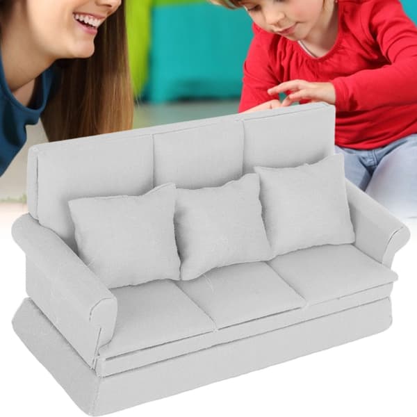 1:12 Dockhus Mini Soffa med 3 st Kuddar Vardagsrumsmöbler Trä Dockhus Dekorations Tillbehör Grå