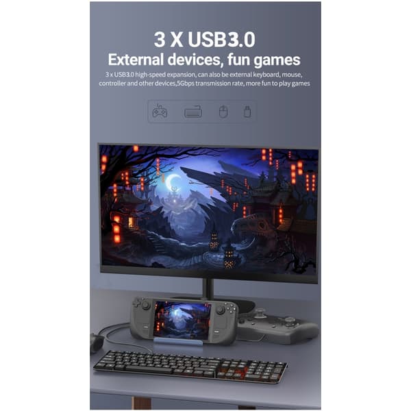 USB-C 1 till 6 Dockningsstation för Steam Deck, HDMI 2.0 4k60Hz, RJ45, USB-A 3.0 5 Gbps, 100W USB-C PD
