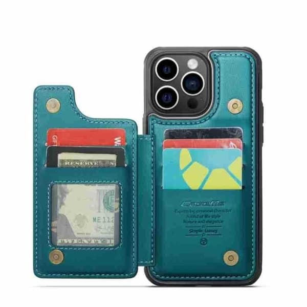 【03】(Til iPhone 13 Pro Max) PU-læderpung-etui med RFID-blokering og stativfunktion, flere kortpladser, dobbelt magnetisk lukning havblå