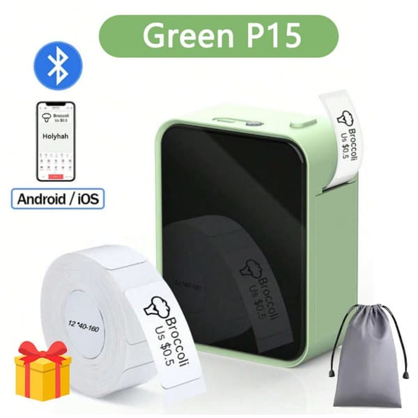 P15 Etikettskrivare, Bärbar Bluetooth-etikettskrivare, grön