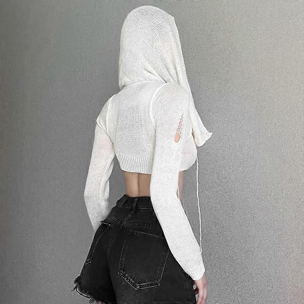 Trendy ny langærmet crop top med hætte til kvinder, crop top i crop top-model white L