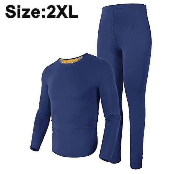 Herre Dame Termoundertøj Sæt, Blød Rund Hals Plus Fløjl Termoundertøj Efterårsundertøj, Vinter Varmt Baselayer Top Bund 2*L Navy Blue