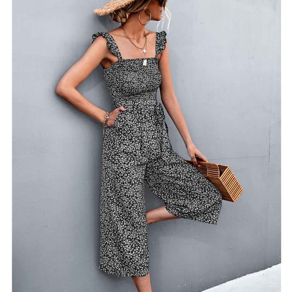 Dame Sommer Jumpsuits Smock Talje Bælte 2 Lommer Bred Ben Blomsterprintede Rompers