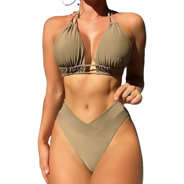 Dam Tvådelad halterneckbaddräkt Triangulär stringtrosa med hög midja Push Up-stringtrosa Djup khaki M Deep khaki M