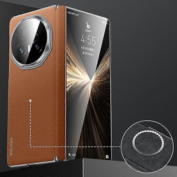 【03】SULADA Frameless Top Layer Cowhide Leather PC Phone Case Compatible with Honor Magic V5-Perfect Brown