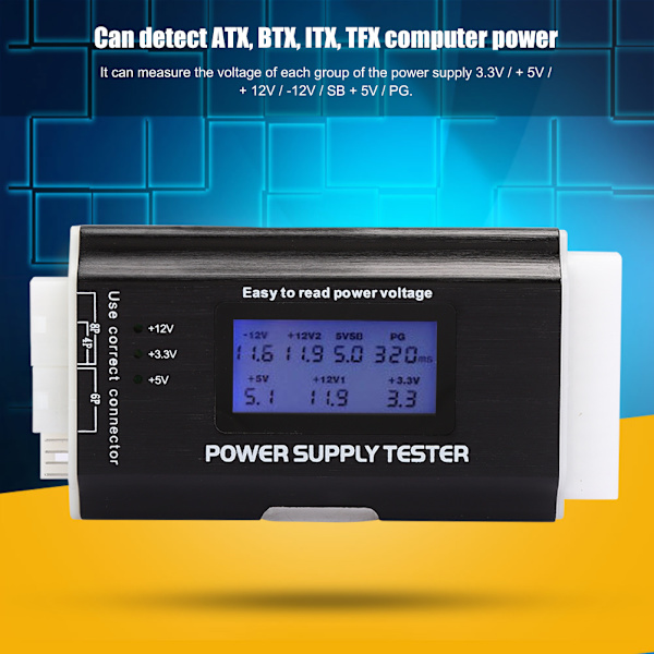 Computer Strømforsyningstester LCD Display Aluminium Legering Support 20/24Pin ATX SATA
