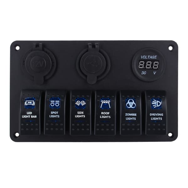 6-vägs LED Bil Båt Vippströmbrytarpanel USB-uttag Cigarettplugg Voltmeter