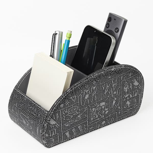 【03】Remote Control Holder with 5 Compartments, PU Leather Organizer Storage Box for TV Remote Control Vintage S Vintage silver