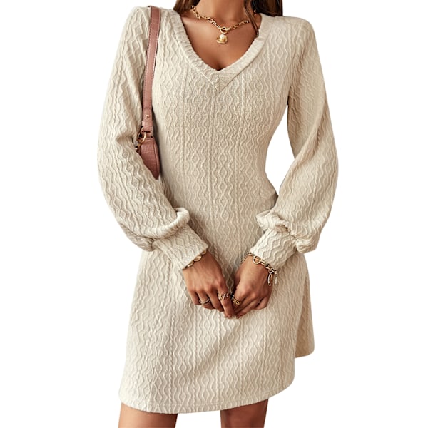 V-hals strikket langærmet kjole, moderigtig, elegant, klassisk, talje slank pasform dame sweater kjole til efterår vinter abrikos L