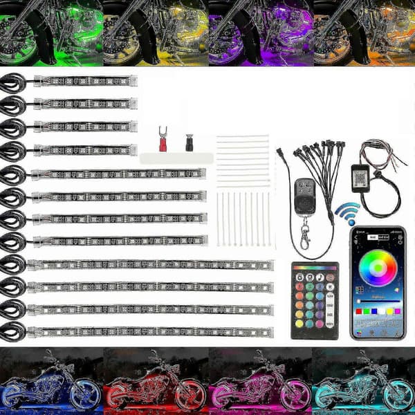 RGB-motorcykel LED-ljus under glödande neonremsa Bluetooth-appkontrollkit
