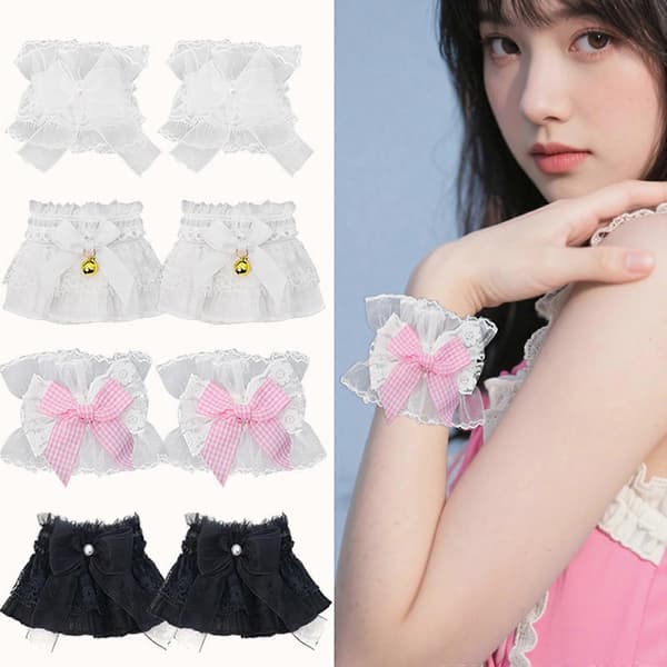 Hvide Lolitas-stil Balletærmer Åndbart Blondemateriale Justerbare Bindebånd Retro Håndledsaccessories Rosa Sløjfe pink bow