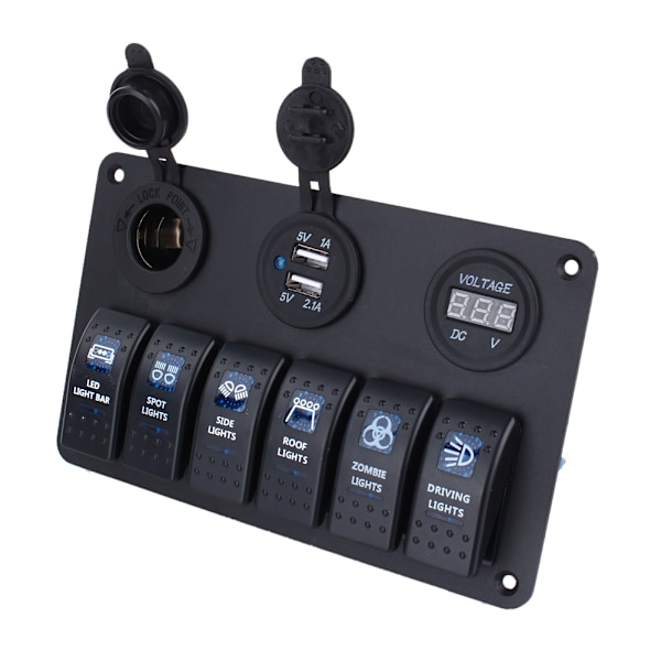 6-vejs LED Bil Båd Vippekontaktpanel USB-stik Cigaretstik Voltmeter
