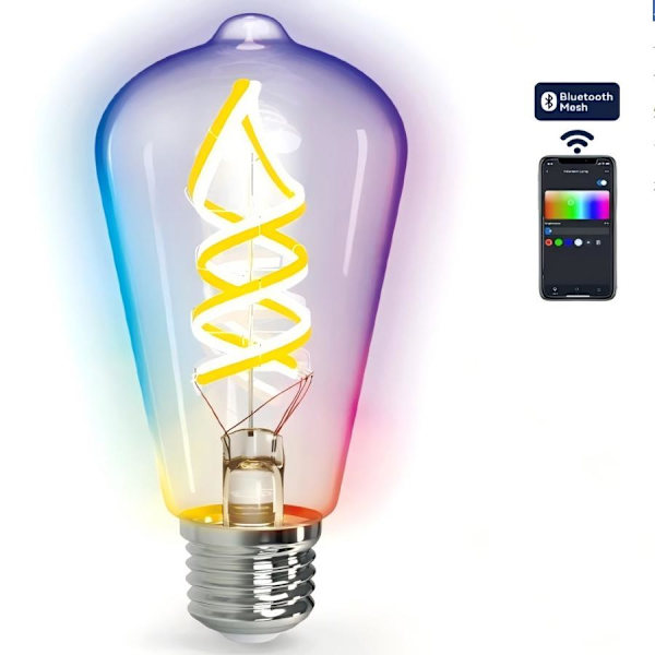 Aigostar ST64 E27 4.9W RGB+CCT Smart Bluetooth Mesh Pære, Spiralfilament med Gradientglas