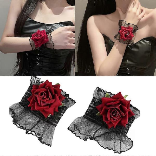 Lolitas Rose Spetshandskar Handärmar Kvinnor Volang Handledsmanschetter Elastiskt Armband för Halloween, Bröllop, Maskerad White