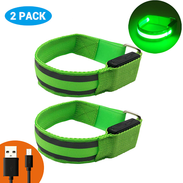2 st Självlysande LED Armband USB Uppladdningsbart Säkerhets Reflexband för Löpning Cykling Träning Nattlöpning