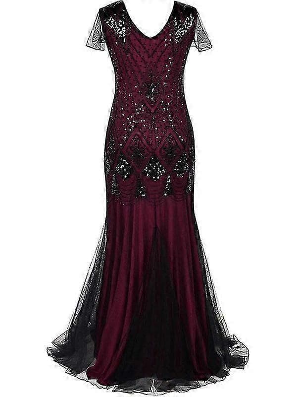 Dame Vintage Pailletter Flæset Lang Gatsby Flapper Kjole Wine Red S