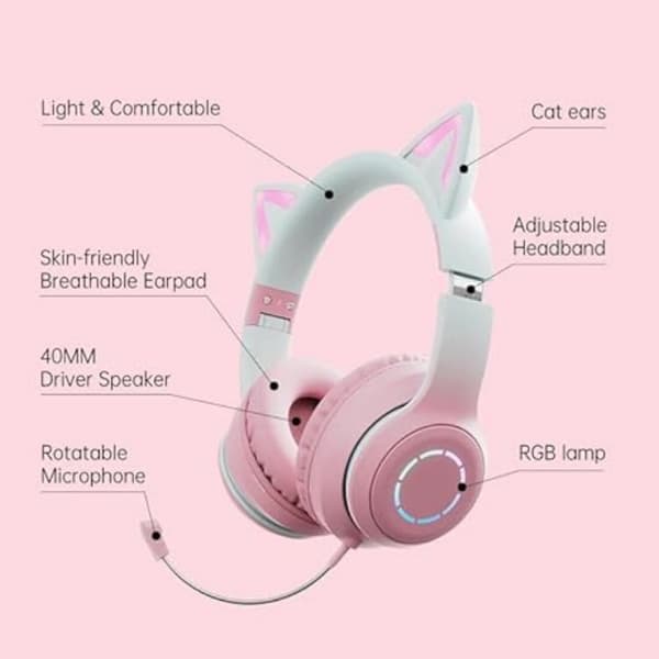 Over-ear Bluetooth-hörlurar med söt kattöronsdesign, trådlösa Bluetooth-hörlurar