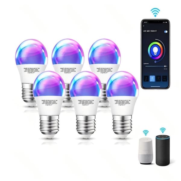 Kit med 6 smarta glödlampor G45 WiFi E27 5W RGB+CCT, röst- och appstyrning