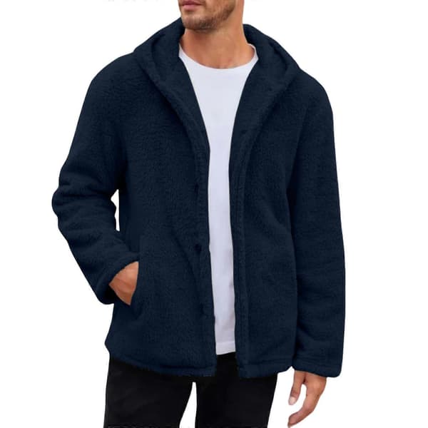 Herrplyschkappa Fluffig ullkofta med öppen framsida, knappar, vintervarm, tjockt foder, marinblå XXXL Navy Blue XXXL