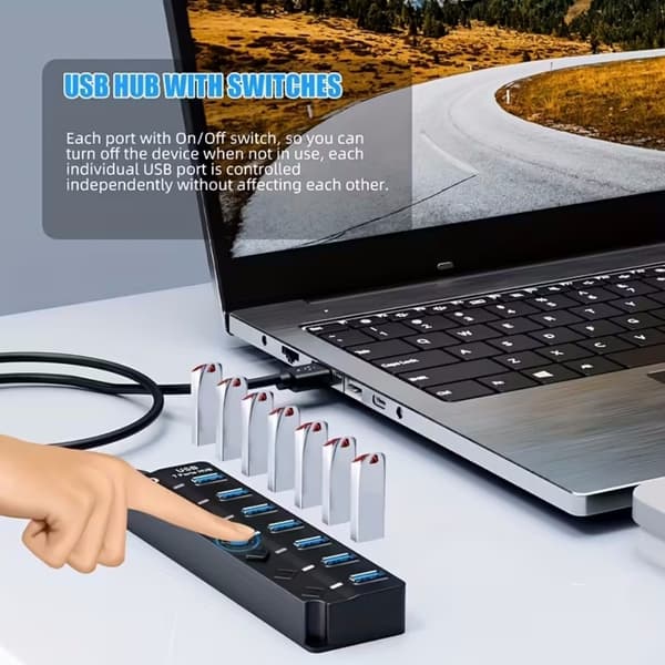 USB Hub 3.0 med 7 porte og LED tænd/sluk-knap og forlængerkabel til MacBook, Mac Pro, Mac Mini, iMac, Surface Pro, XPS, PC