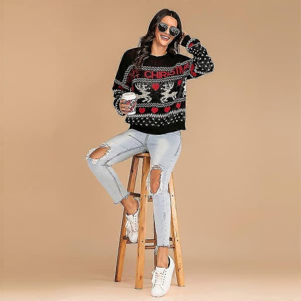 Kvinnor Jul Vinter Långärmad Tröja Söt Ren Kärlek Hjärttryck Stickad Jumper Rund Hals Semester Casual Lös Pullover Toppar S
