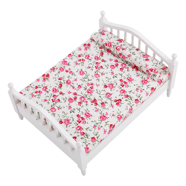 Dockskåpstillbehör Blommönster Mini Möbler Dubbelsäng för 1/12 Skala Docka